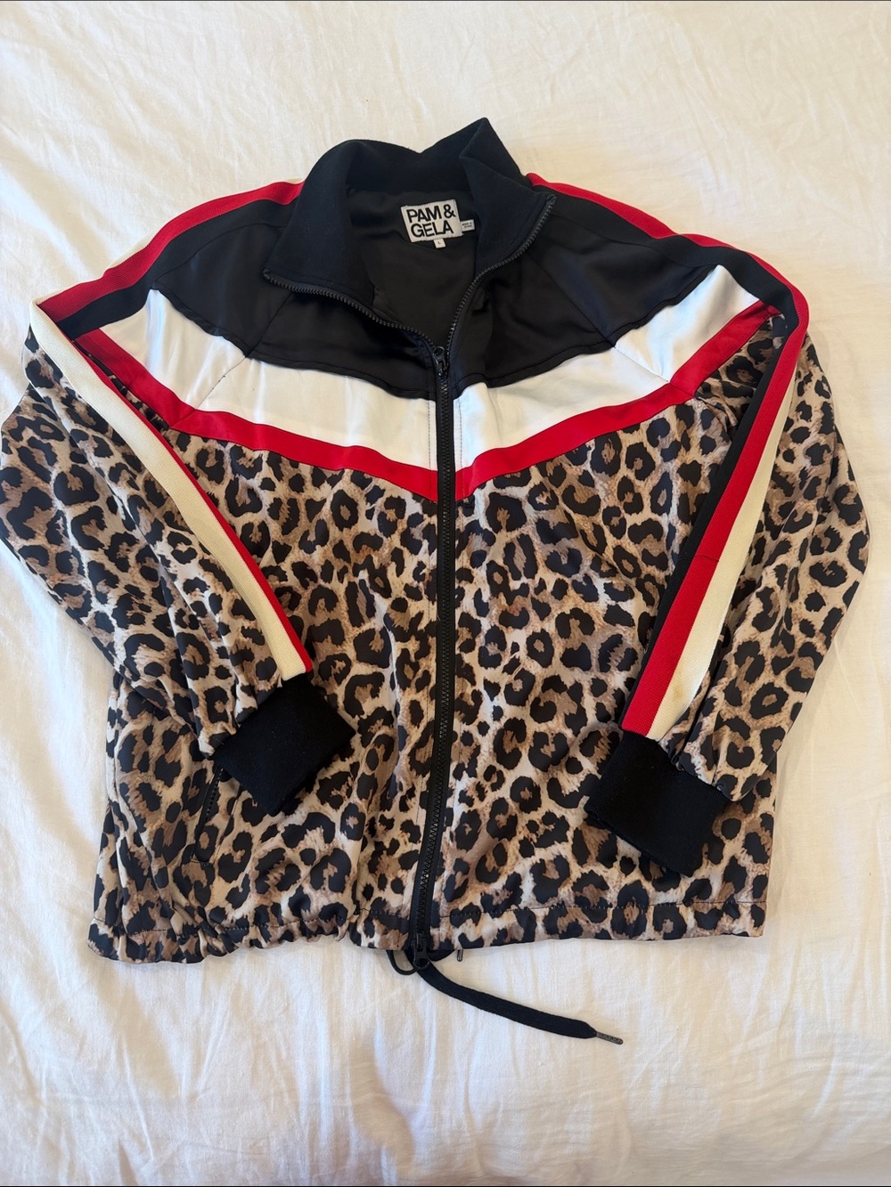Pam & Gela Leopard-Print Zip Track Jacket with Red and White Stripes